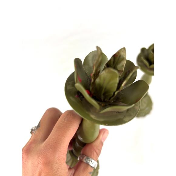 Pair Antique Green Enameled Cast Iron Candlestick Holder Ornate - Picture 7 of 12